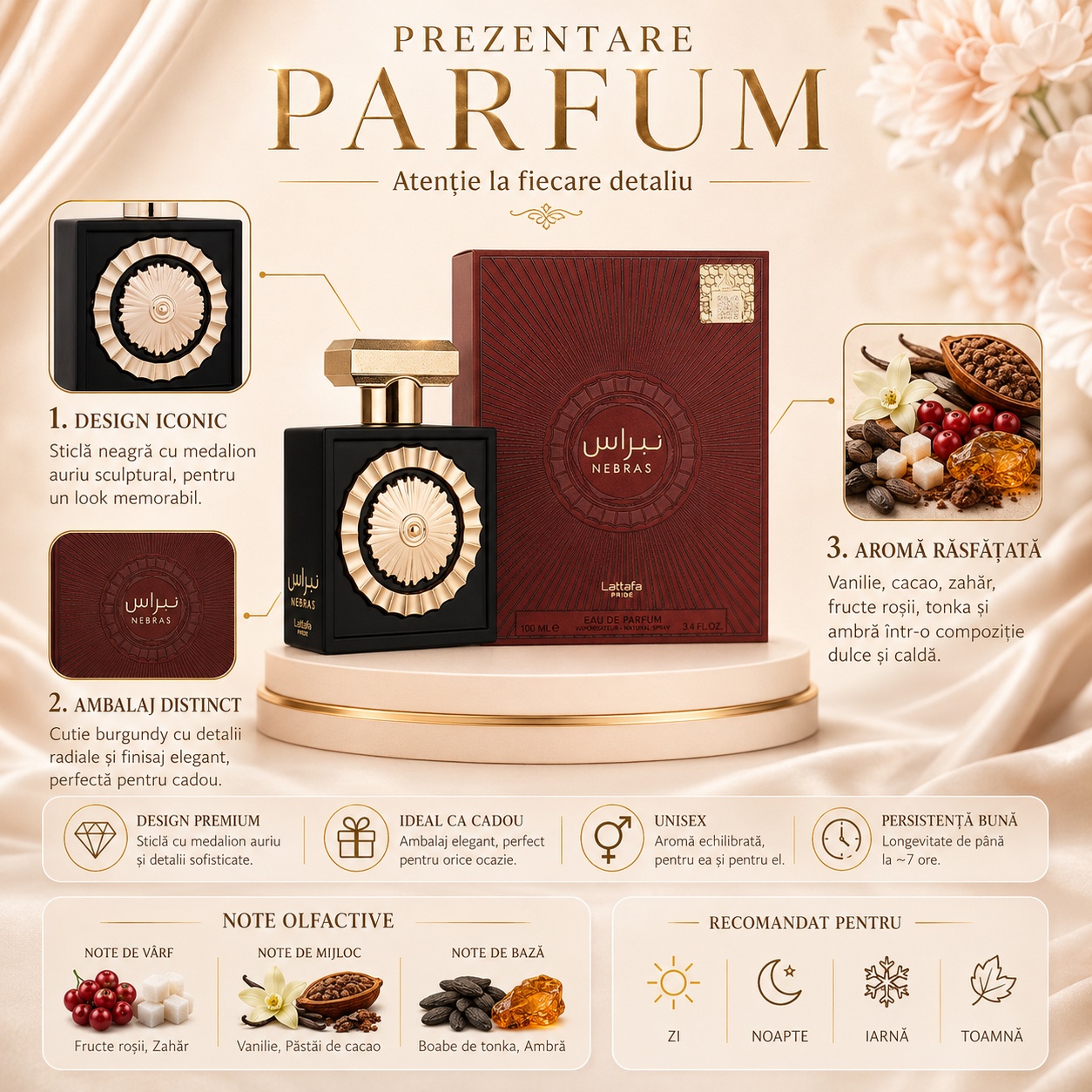 Prezentare Lattafa Nebras parfum unisex cu design premium, aromă răsfățată, note de fructe roșii, zahăr, vanilie, cacao, tonka și ambră