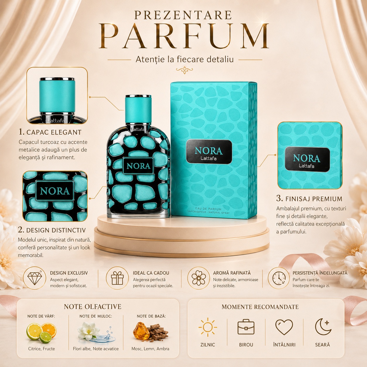 Prezentare parfum Lattafa Nora cu flacon, cutie premium, note olfactive și momente recomandate