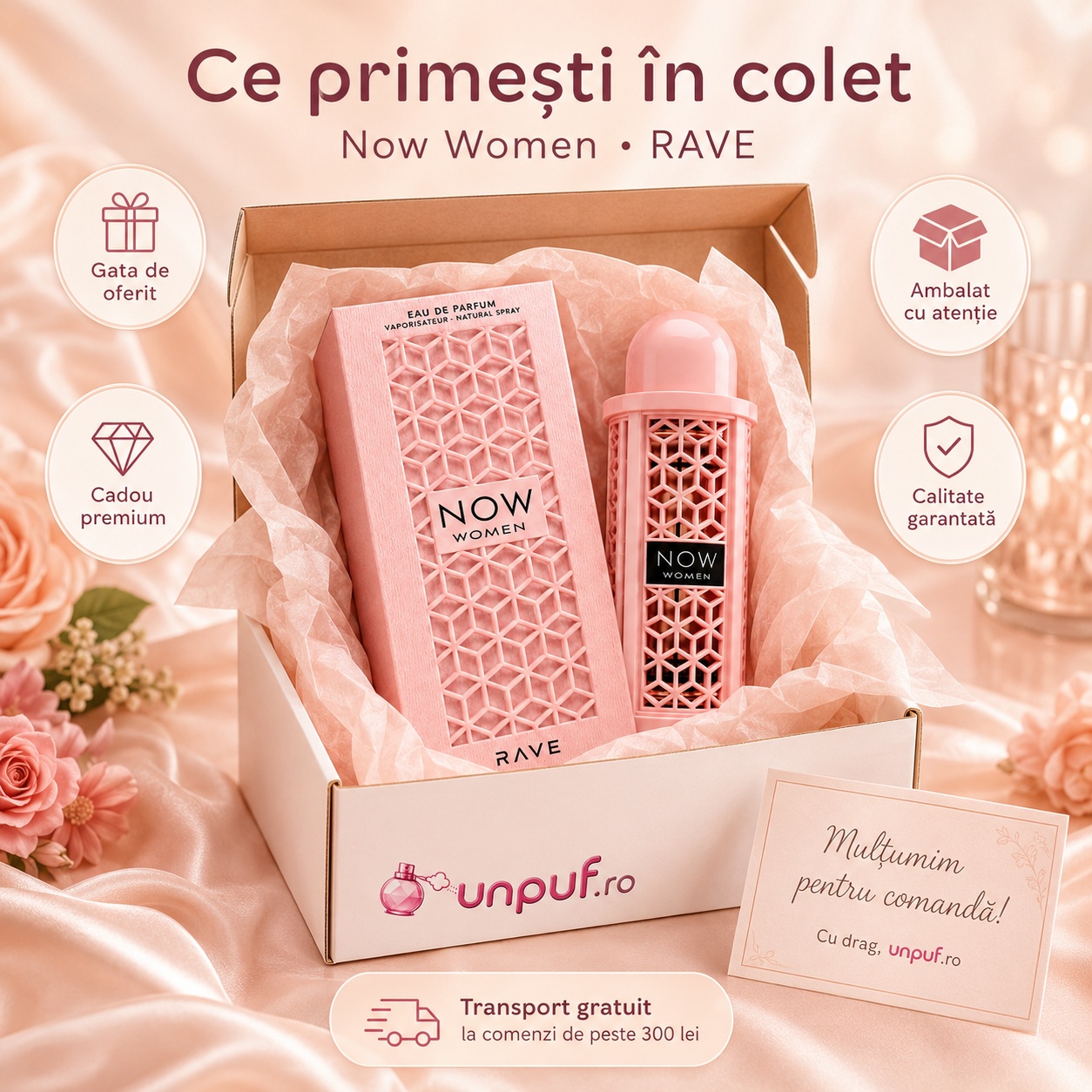 Ce primești &icirc;n colet Lattafa Now Women parfum arabesc de damă ambalat cu atenție de unpuf.ro cadou premium transport gratuit peste 300 lei