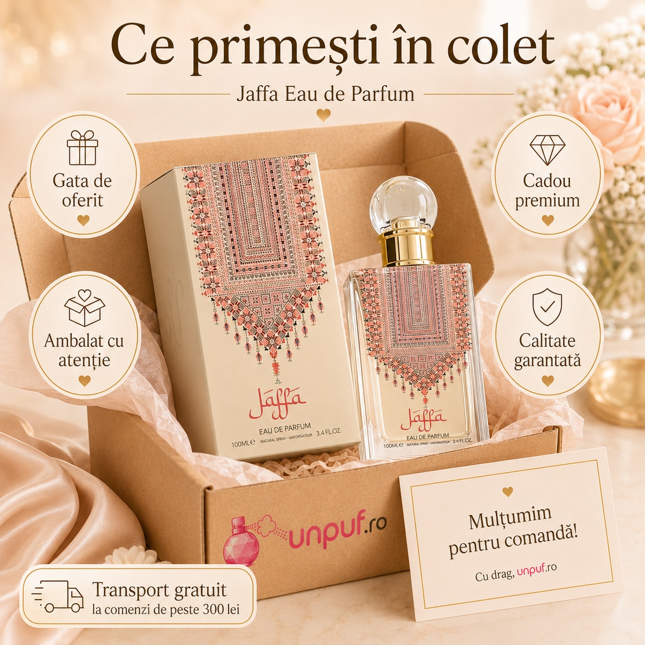 Detalii prezentare parfum Lattafa Ozareej Jaffa 100ml, ambalaj elegant și design premium