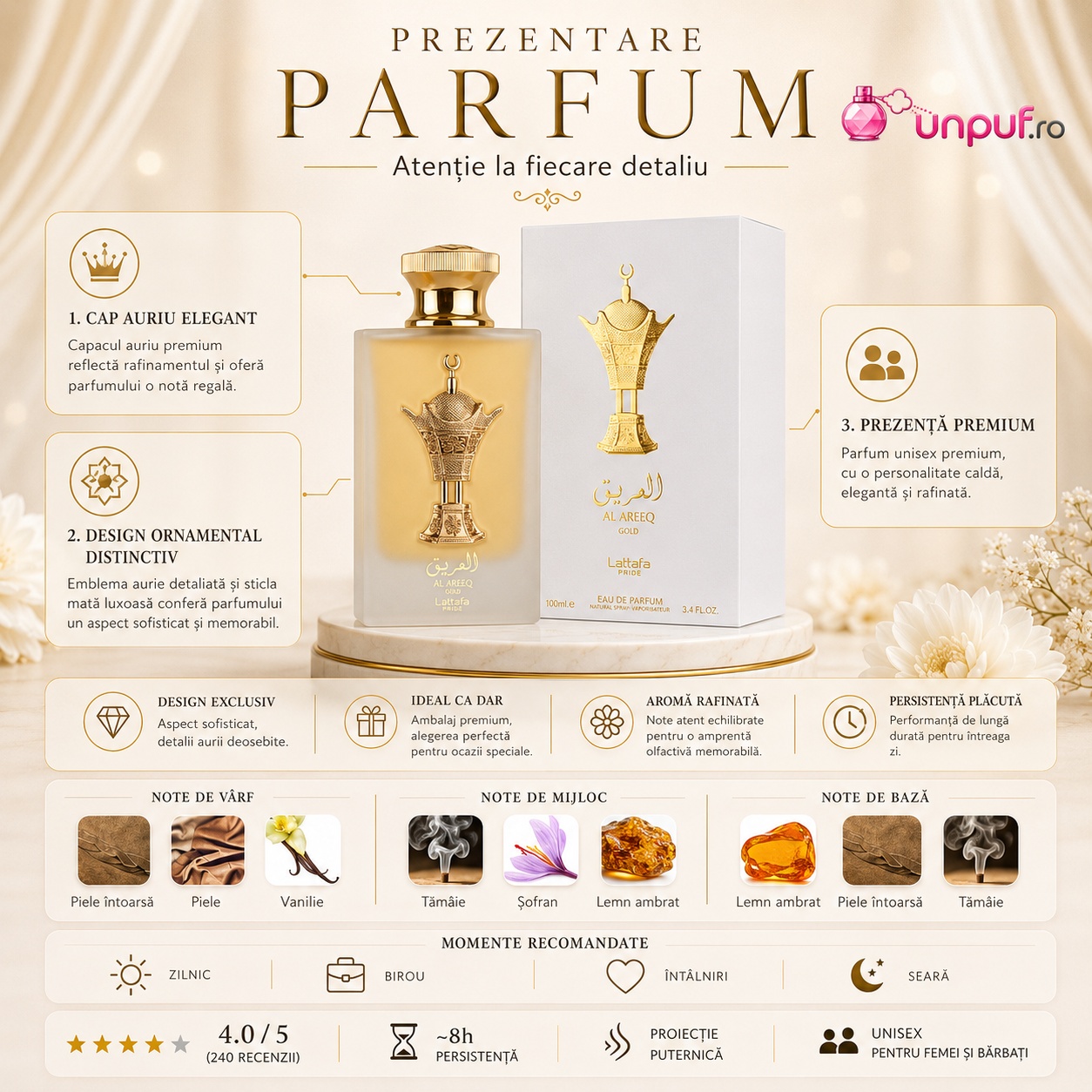 Prezentare parfum Lattafa Pride Al Areeq Gold cu detalii aurii, note de piele, vanilie, tămâie, șofran și lemn ambrat
