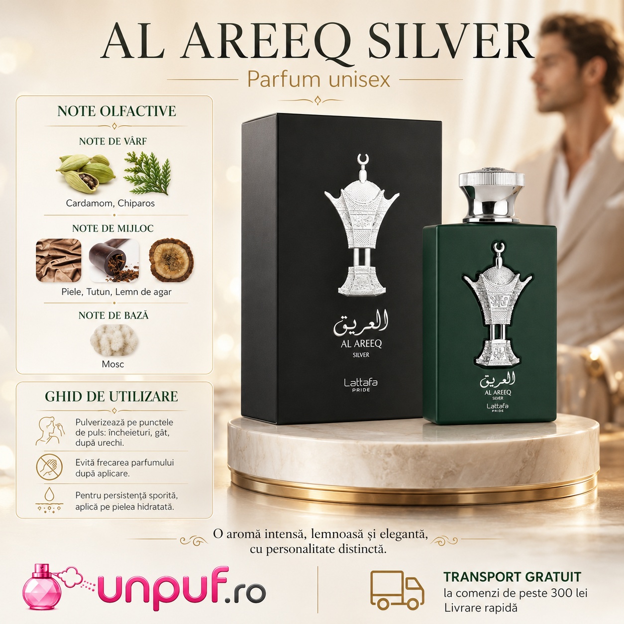 Lattafa Pride Al Areeq Silver parfum unisex cu note olfactive, ghid de utilizare și aromă intensă lemnoasă elegantă