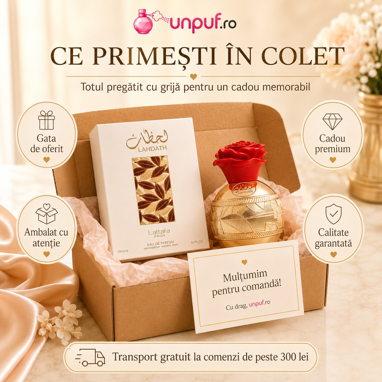 Ce primești &icirc;n colet Lattafa Pride Lahdath parfum arabesc unisex ambalat cu atenție de unpuf.ro cadou premium transport gratuit peste 300 lei