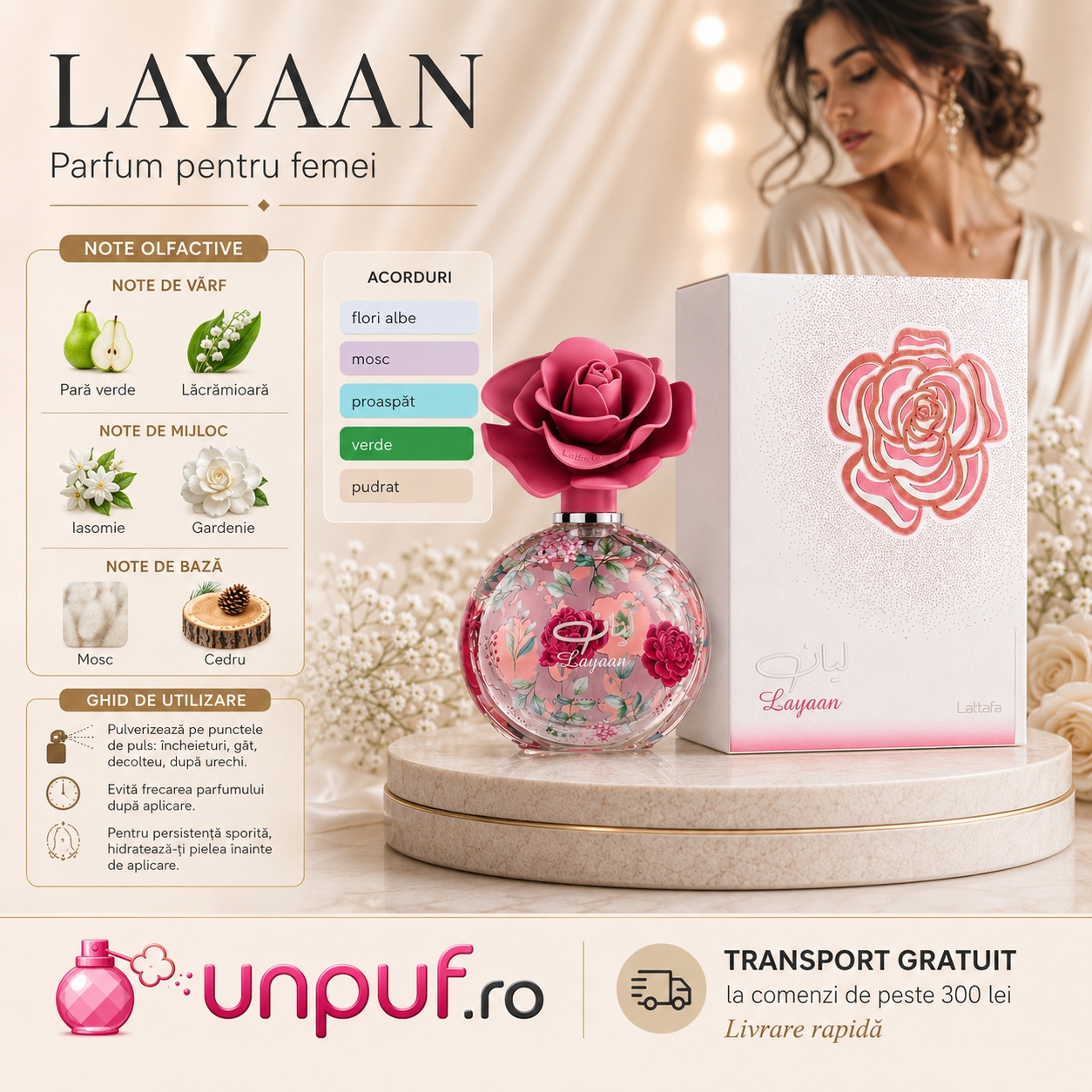 Lattafa Pride Layaan parfum floral proaspăt pentru femei cu ghid de aplicare și note de pară verde, lăcrămioare, iasomie și mosc