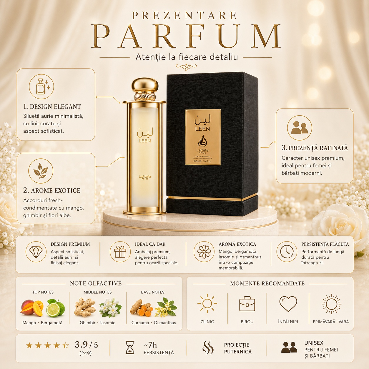 Prezentare Lattafa Pride Leen parfum unisex cu design elegant, arome exotice, mango, ghimbir, iasomie, curcuma, osmanthus și persistență plăcută