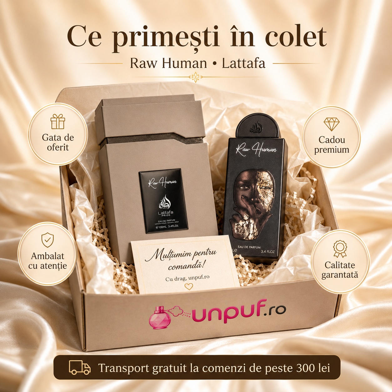 Ce primești &icirc;n colet Lattafa Pride Raw Human parfum arabesc unisex ambalat cu atenție de unpuf.ro