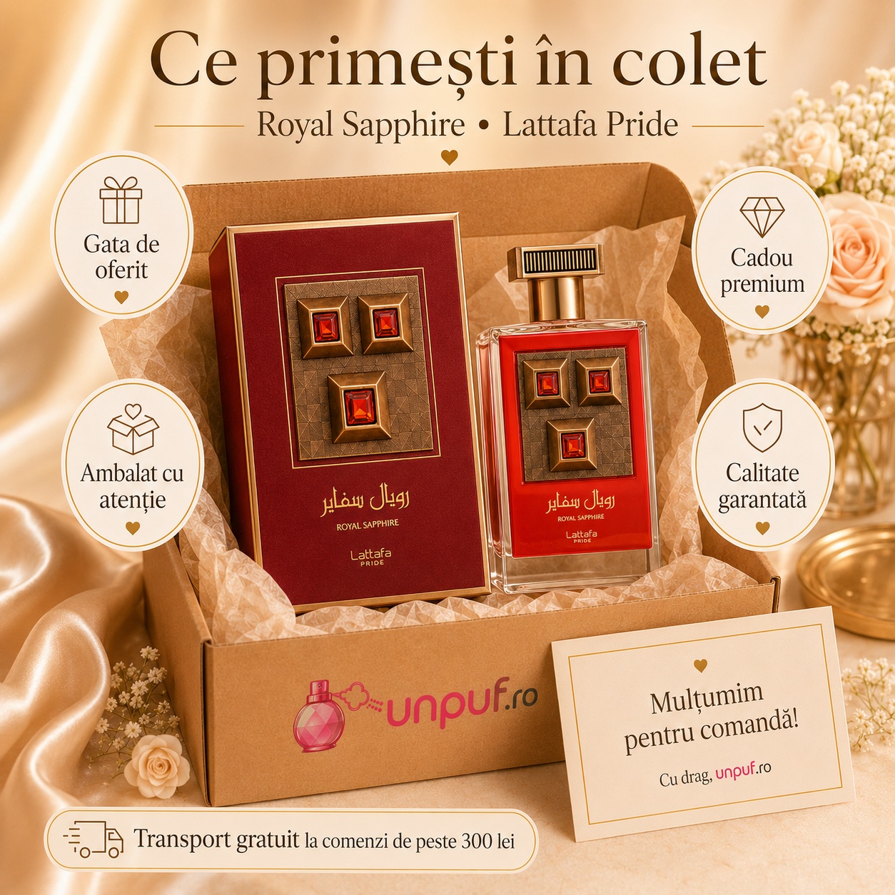 Ce primești &icirc;n colet Lattafa Pride Royal Saphire 100 ml parfum damă ambalat cu atenție cadou premium