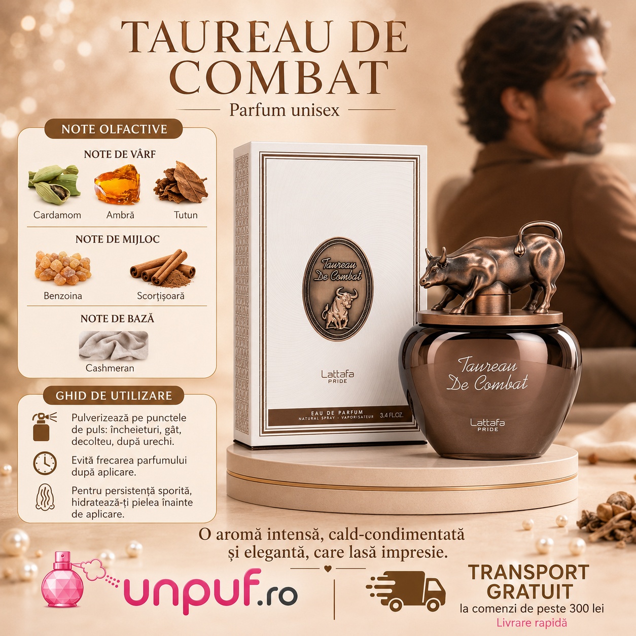 Lattafa Pride Taurean De Combat parfum unisex cu note de cardamom, ambră, tutun, benzoină, scorțișoară și cashmeran plus ghid de utilizare