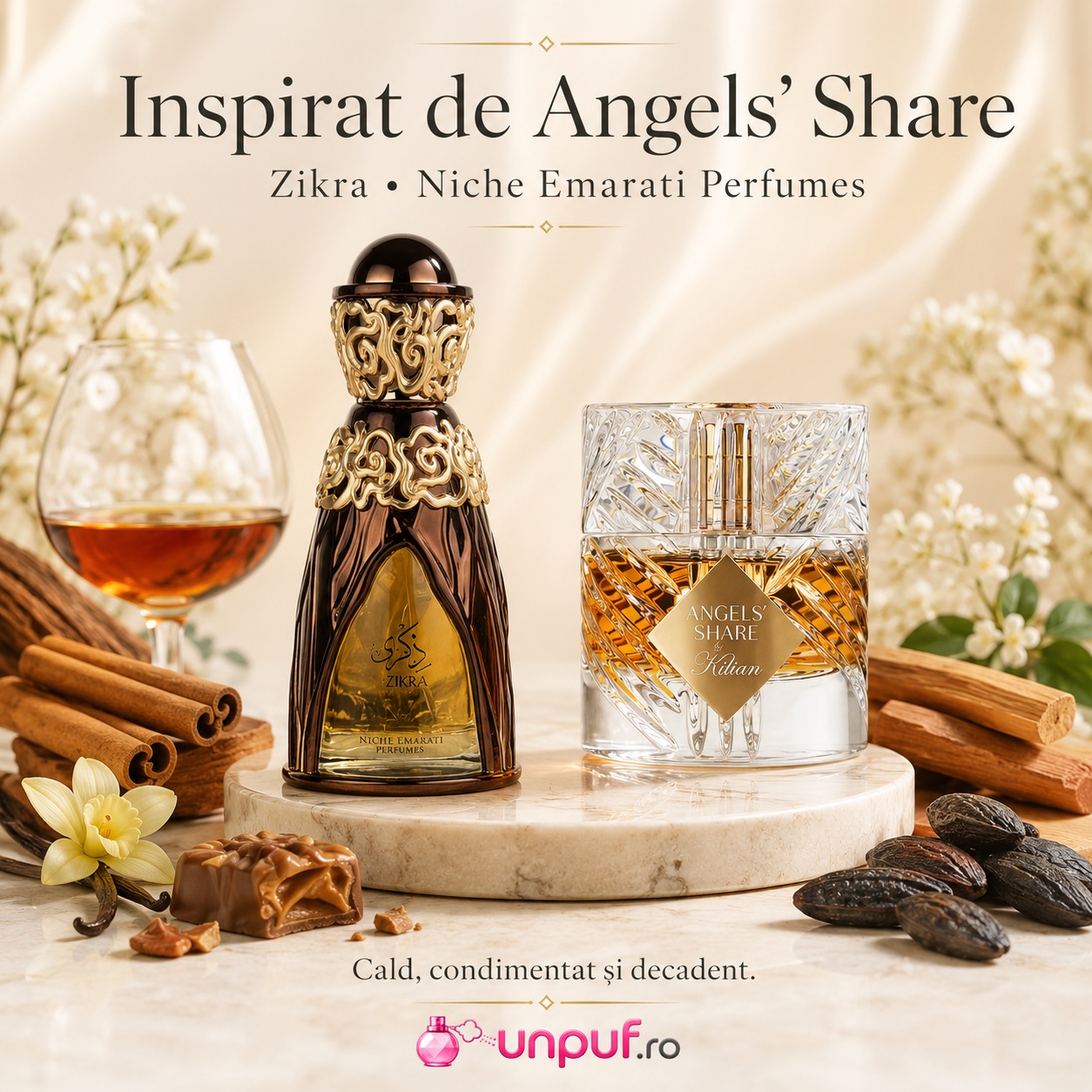 Lattafa Pride Zikra parfum inspirat din Angels&rsquo; Share cu aromă caldă, condimentată, decadentă, vanilată și lemnoasă