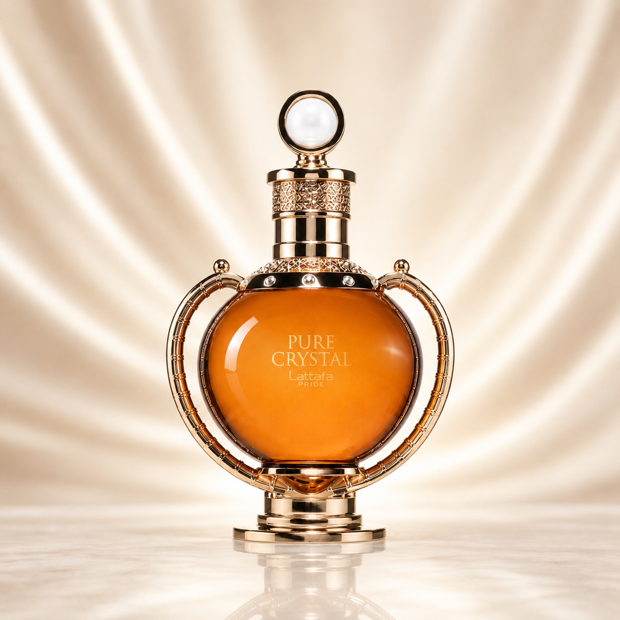 Flacon Lattafa Pure Crystal 100 ml parfum unisex cu sticlă ambrată, detalii aurii și capac rotund cristalin