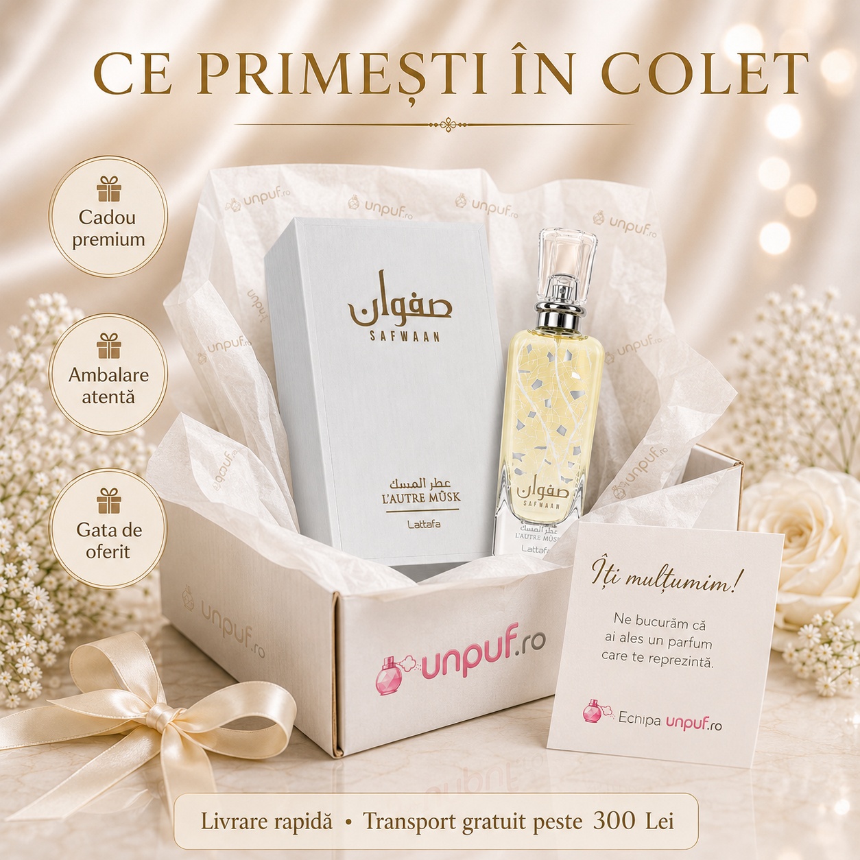 Ce primești &icirc;n colet Lattafa Safwaan L&rsquo;Autre Musk 100 ml parfum arăbesc unisex ambalat atent, cadou premium și gata de oferit