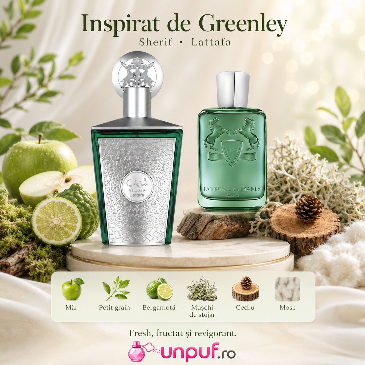 Lattafa Sherif parfum inspirat de Greenley cu măr, petitgrain, bergamotă, mușchi de stejar, cedru și mosc