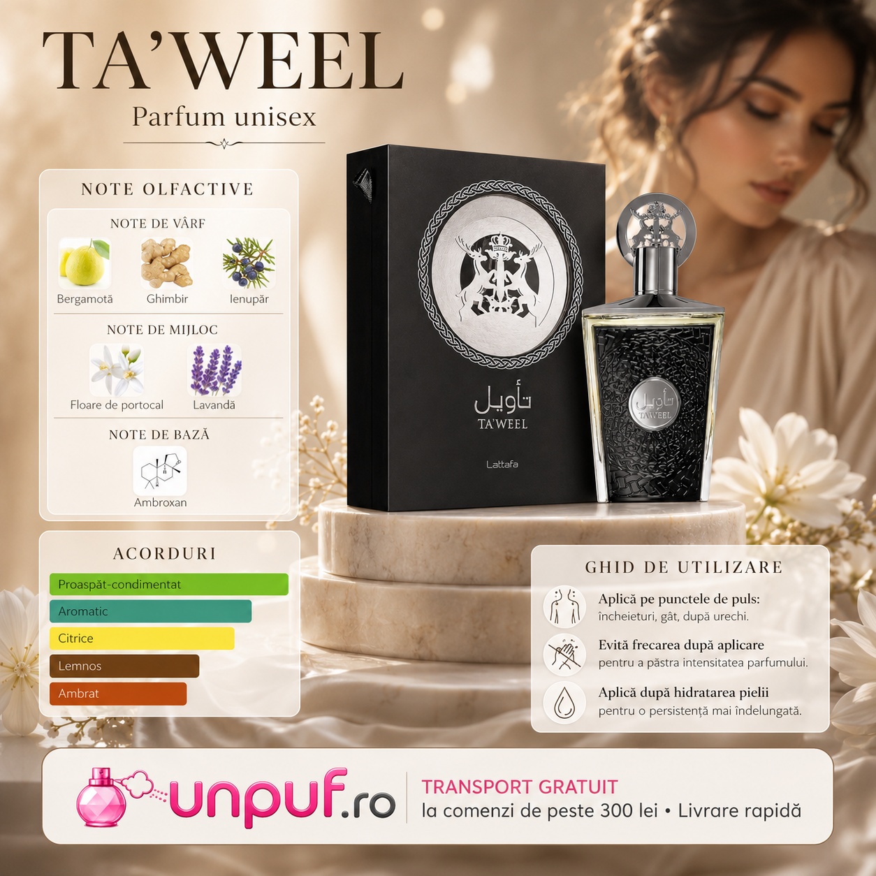 Lattafa Taweel parfum unisex cu note olfactive de bergamotă, ghimbir, ienupăr, floare de portocal, lavandă și ambroxan