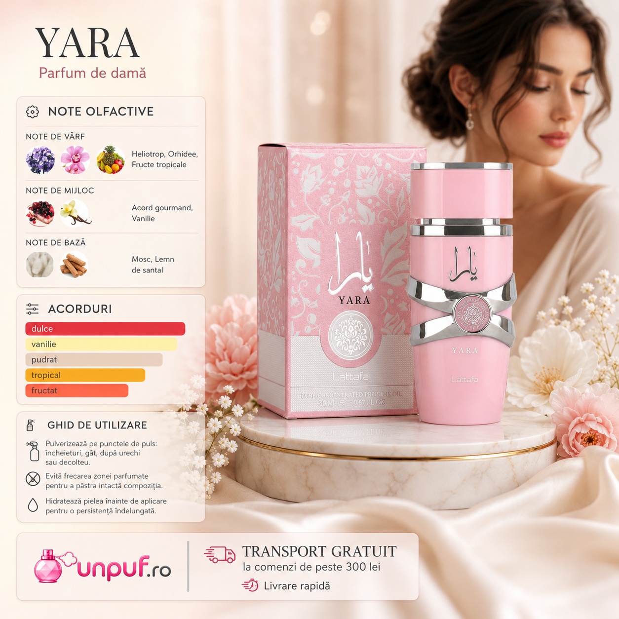 Lattafa Yara Concentrated Oil parfum de damă cu note de heliotrop, orhidee, fructe tropicale, acord gourmand, vanilie, mosc și lemn de santal