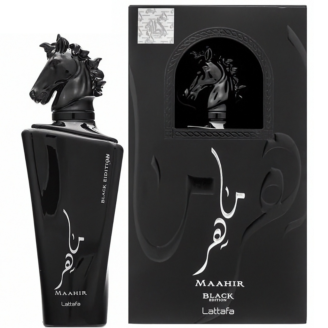 Maahir Black Edition Lattafa 100 ml sticlă și cutie pe fundal alb