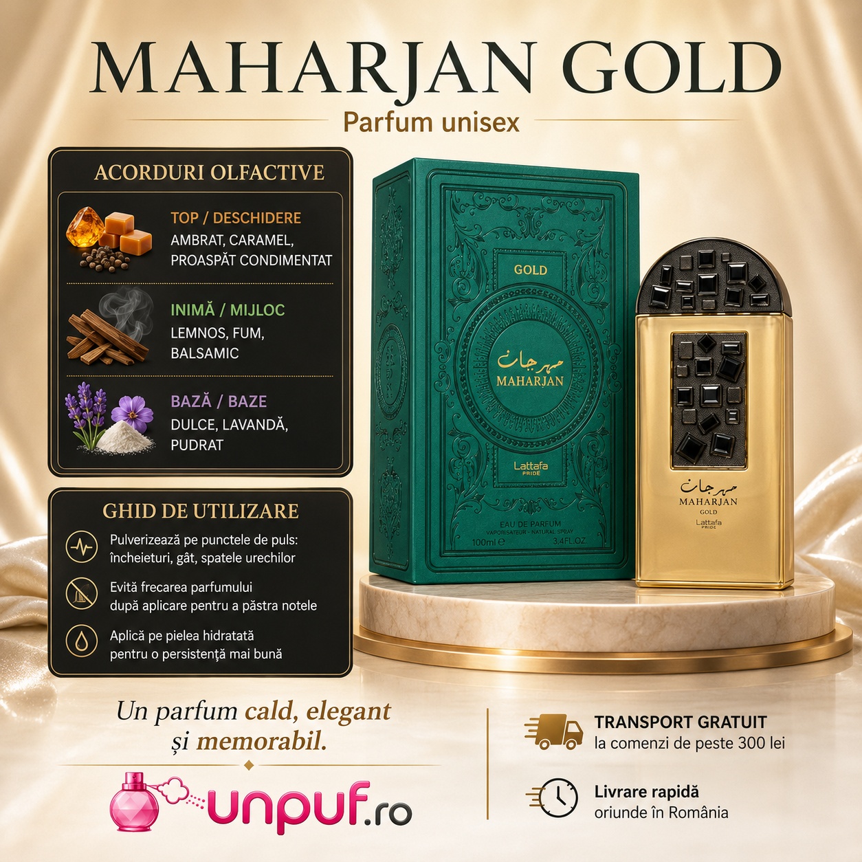 Ghid de utilizare Maharjan Gold Lattafa Pride parfum oriental cu acorduri ambrate, caramel, lemnoase, fum, balsamic, lavandă și pudrat