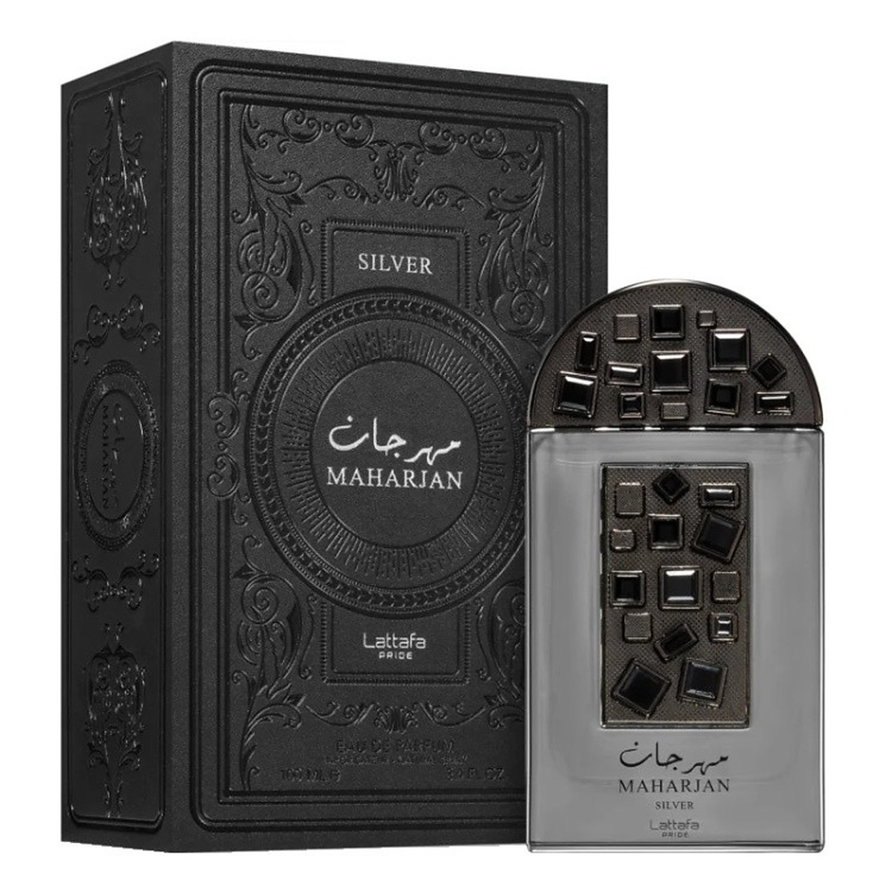 Maharjan Silver Lattafa Pride 100 ml sticlă și cutie pe fundal alb