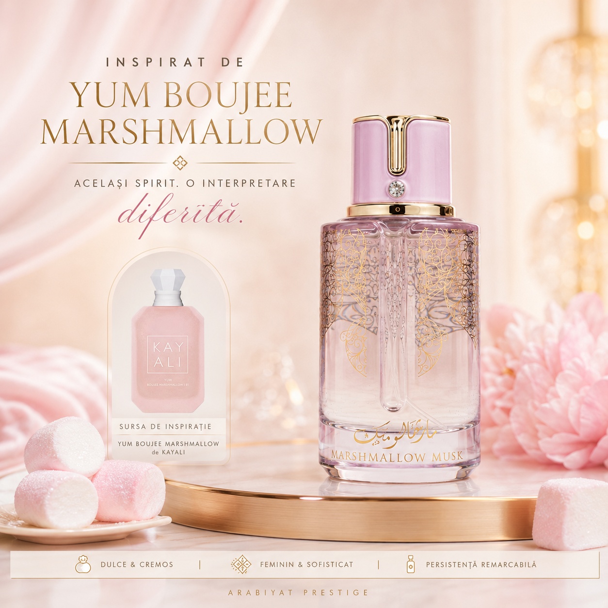 Prezentare Parfum Marshmallow Musk Arabiyat Prestige, aromă dulce, feminină și elegantă