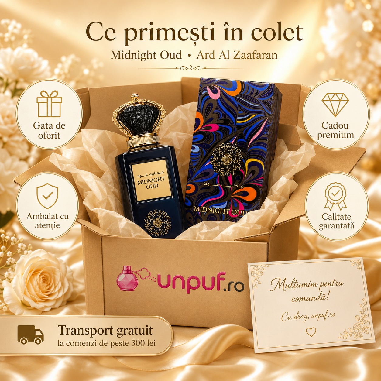 Colet parfum Midnight Oud Ard Al Zaafaran ambalat cu atenție, gata de oferit cadou premium