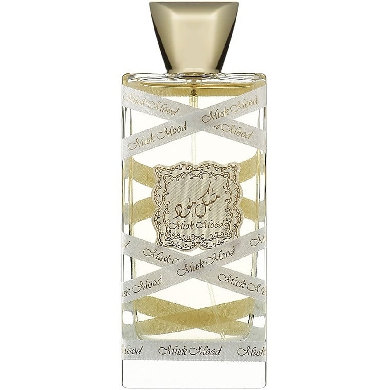Flacon original Mood Musk Lattafa 100 ml parfum unisex cu sticlă transparentă și capac auriu