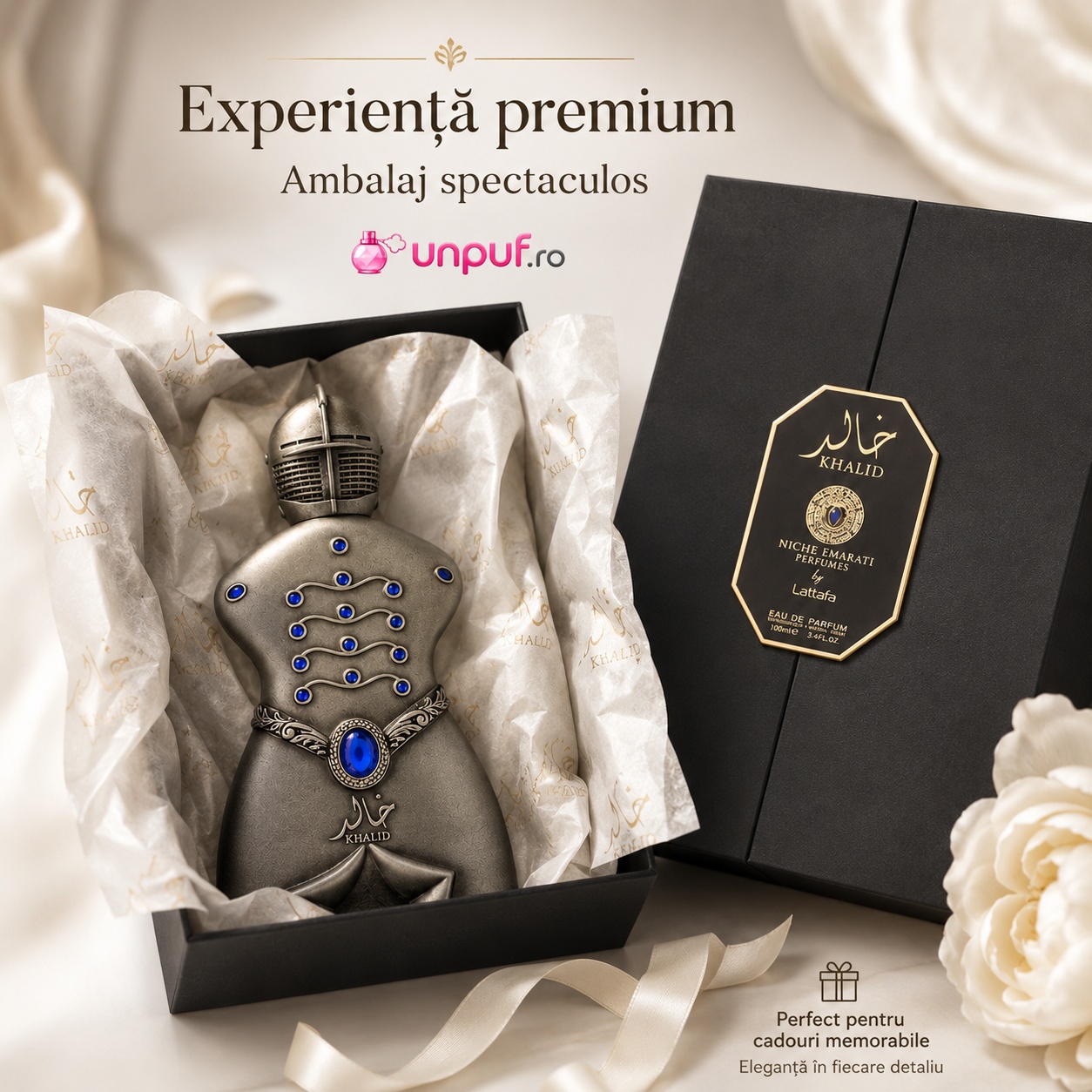 Ce primești &icirc;n colet Niche Emarati Khalid Lattafa parfum arabesc unisex cu ambalaj spectaculos și prezentare premium
