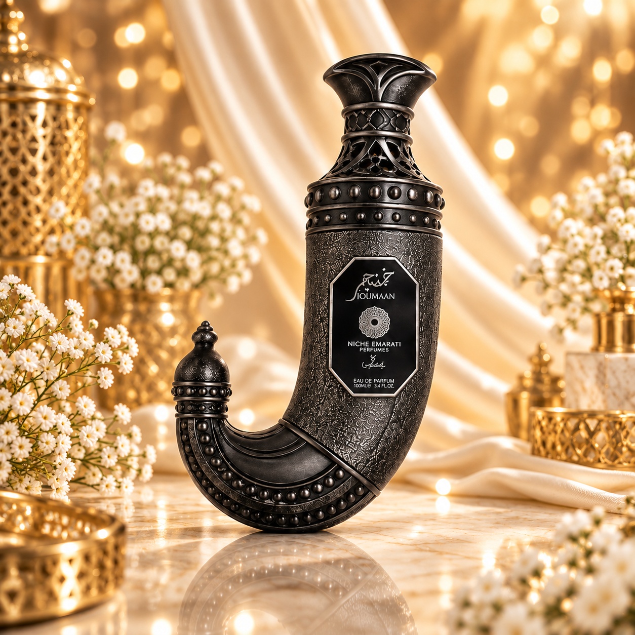 Flacon Niche Emarati Khanjar 100 ml, parfum unisex negru cu formă orientală de pumnal decorativ