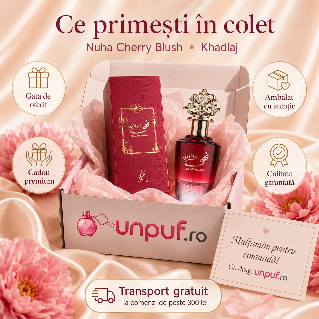 Ce primești în colet Nuha Cherry Blush Khadlaj, parfum original ambalat cu atenție și cadou premium