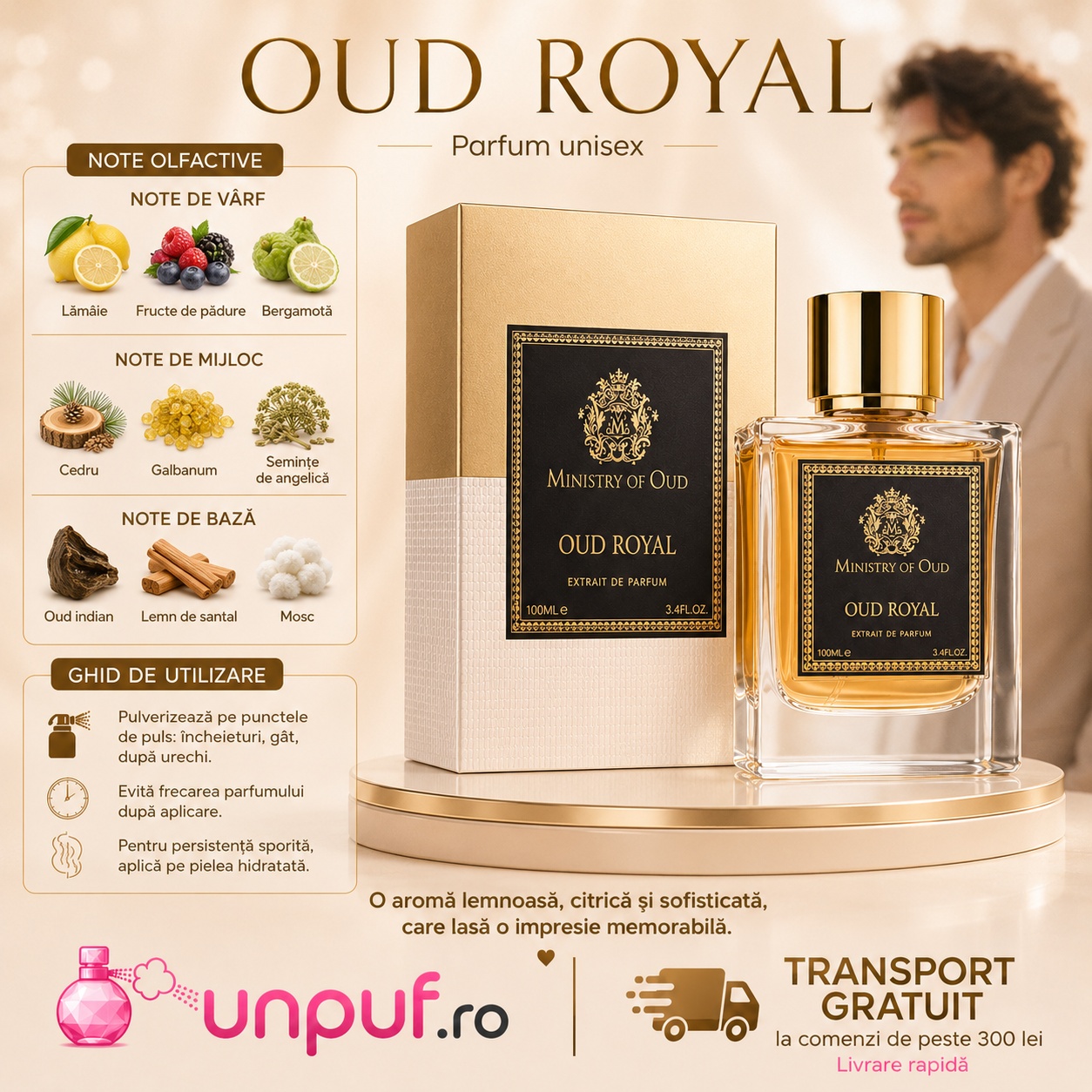 Profil olfactiv Oud Royal Ministry Of Oud cu lămâie, fructe de pădure, bergamotă, cedru, galbanum, angelică, oud indian, santal și mosc