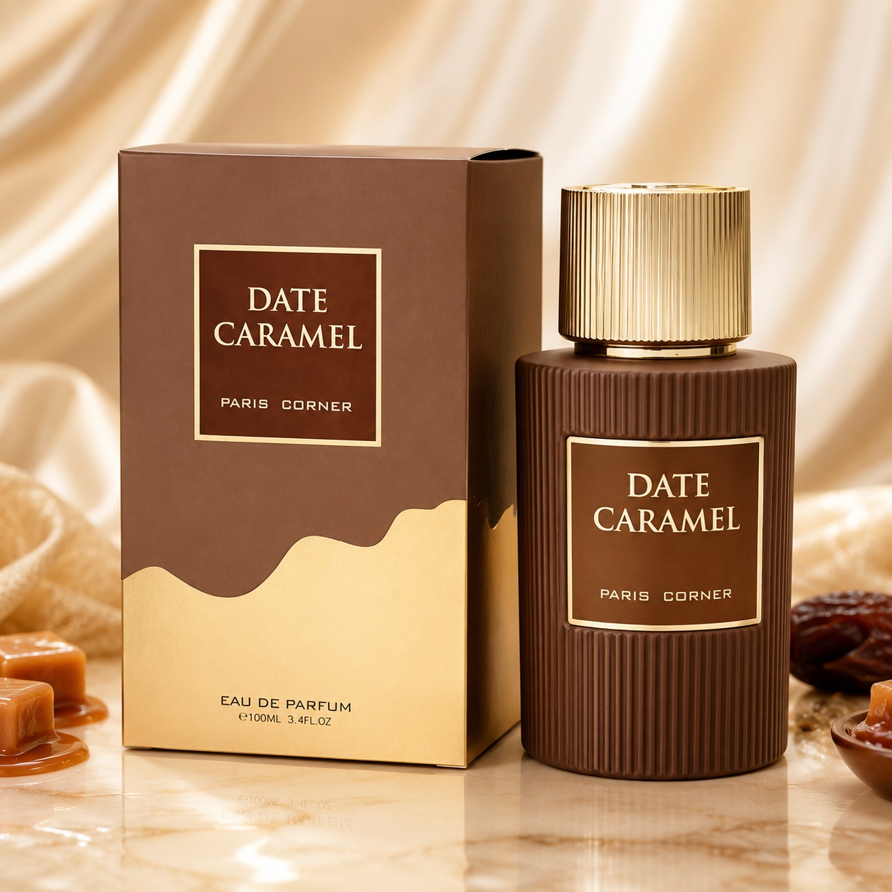 Parfum Arăbesc Paris Corner Date Caramel 100 ml Apă de Parfum Unisex cu sticlă și cutie maro aurie