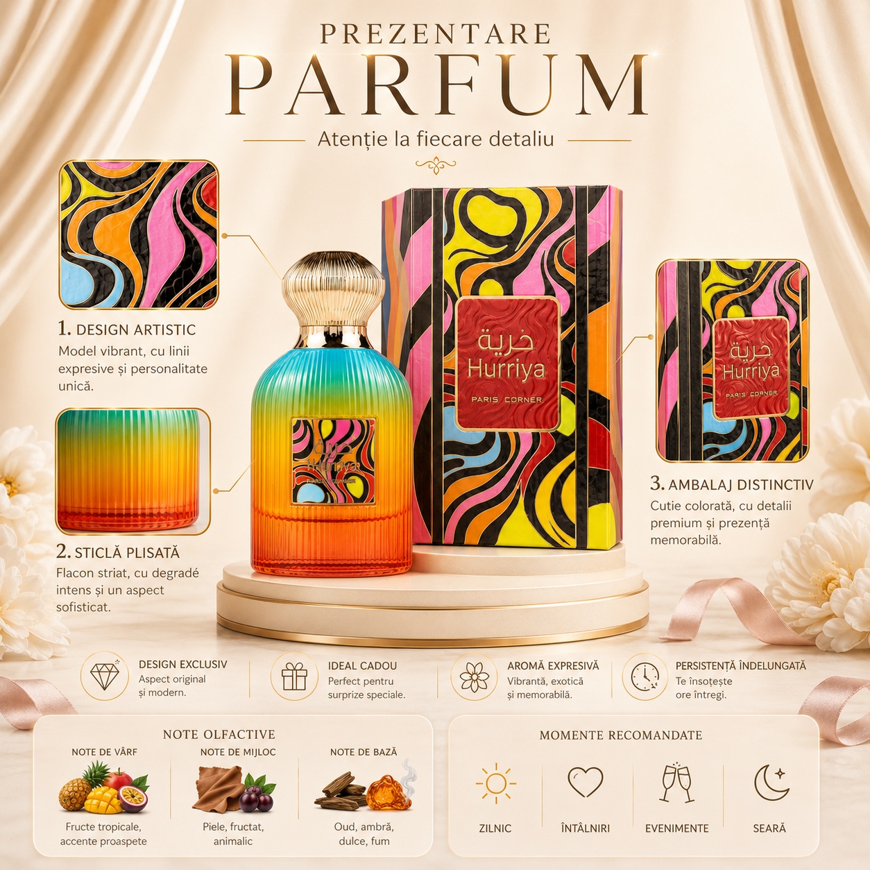 Prezentare parfum Paris Corner Hurriya cu flacon, cutie, note olfactive și momente recomandate