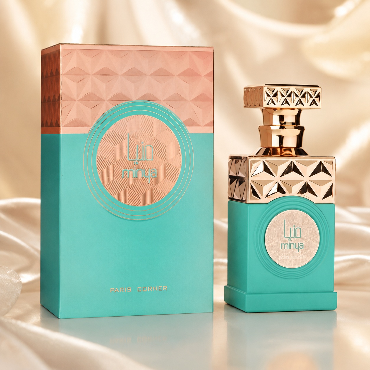 Parfum Arăbesc Paris Corner Minya 100 ml Apă de Parfum Unisex cu sticlă turquoise și cutie rose gold