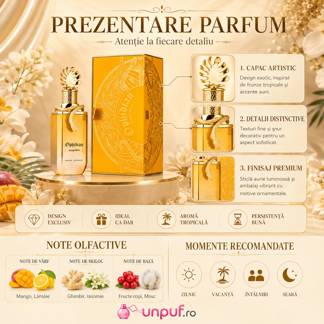 Ophidian Mango Bliss Paris Corner prezentare parfum note olfactive mango lăm&acirc;ie ghimbir fructe roșii iasomie și mosc