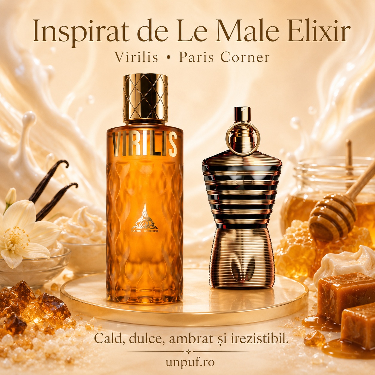Paris Corner Virilis inspirat de Le Male Elixir, parfum cald dulce ambrat și irezistibil