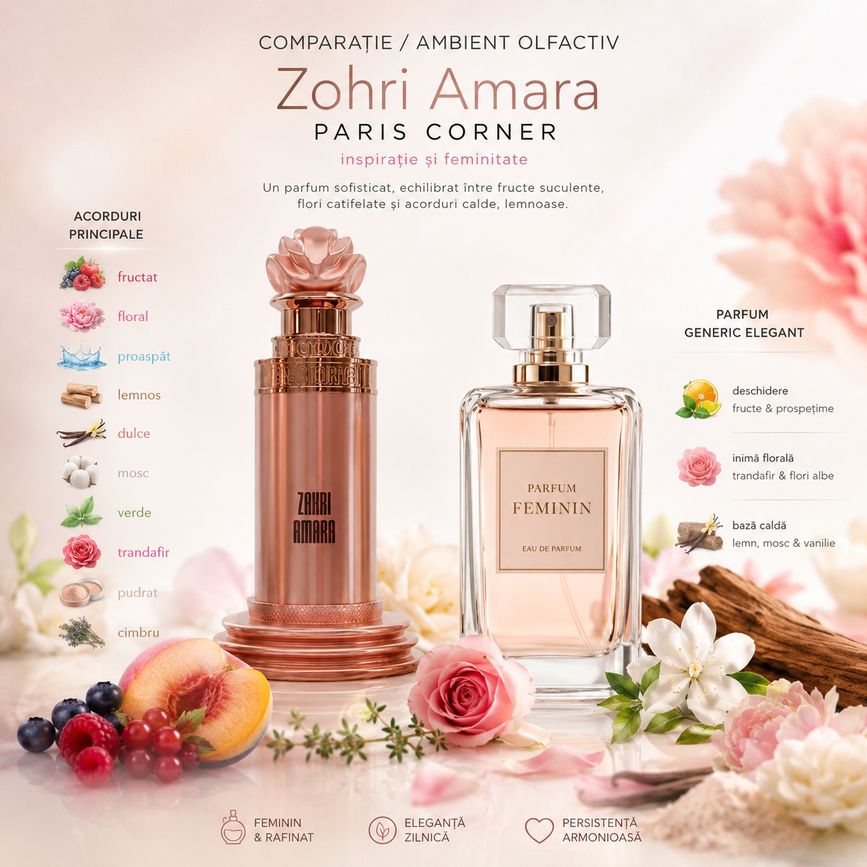 Zahri Amara Paris Corner inspirație și feminitate, parfum sofisticat cu acorduri florale și lemnoase