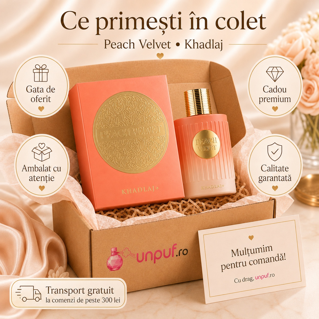 Ce primești în colet la Peach Velvet Khadlaj, parfum ambalat cu atenție și gata de oferit cadou