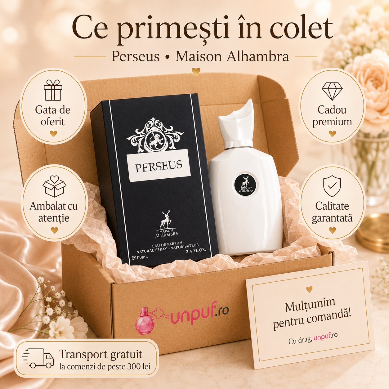 Ce primești &icirc;n colet Perseus Maison Alhambra parfum arabesc bărbătesc ambalat cu atenție de unpuf.ro