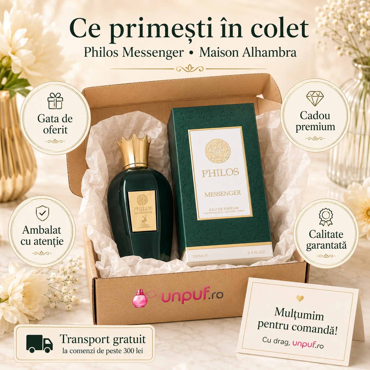 Ce primești &icirc;n colet Philos Messenger Maison Alhambra parfum arabesc unisex ambalat cu atenție de unpuf.ro