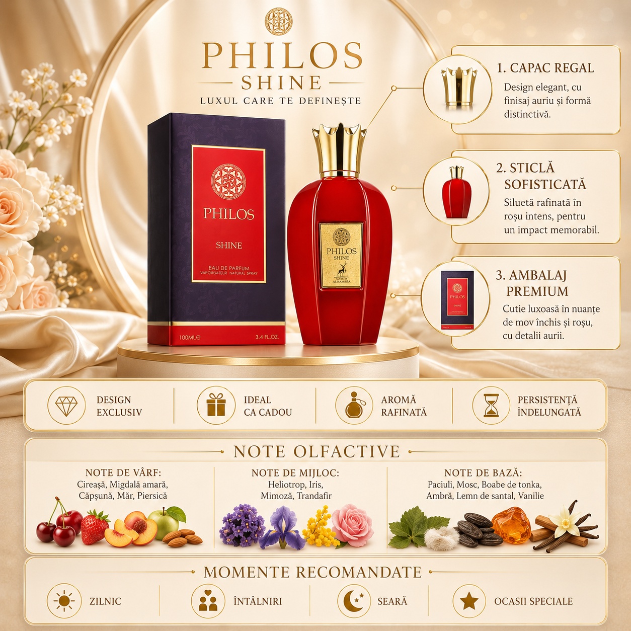 Prezentare parfum Philos Shine Maison Alhambra cu capac regal, sticlă roșie sofisticată, ambalaj premium, note olfactive și momente recomandate