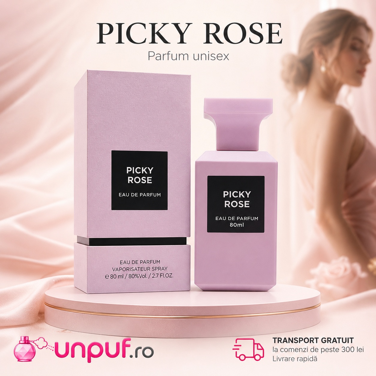 Picky Rose Fragrance World parfum unisex floral cu flacon roz și prezentare premium