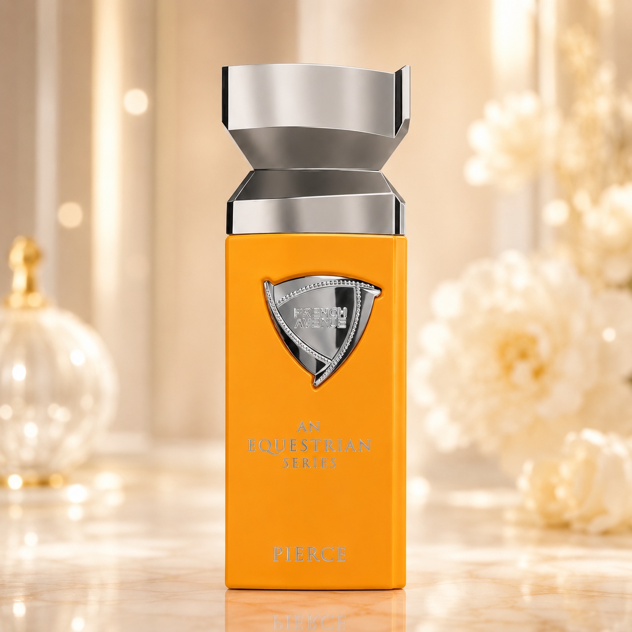 Sticlă parfum Pierce French Avenue 100 ml portocaliu vibrant cu capac argintiu sculptural și design masculin premium