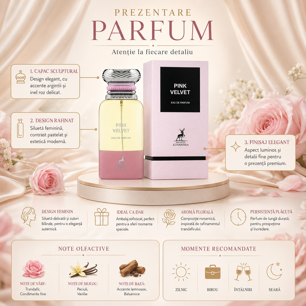 Prezentare parfum Pink Velvet Maison Alhambra cu capac sculptural, design rafinat, finisaj elegant, note olfactive și momente recomandate