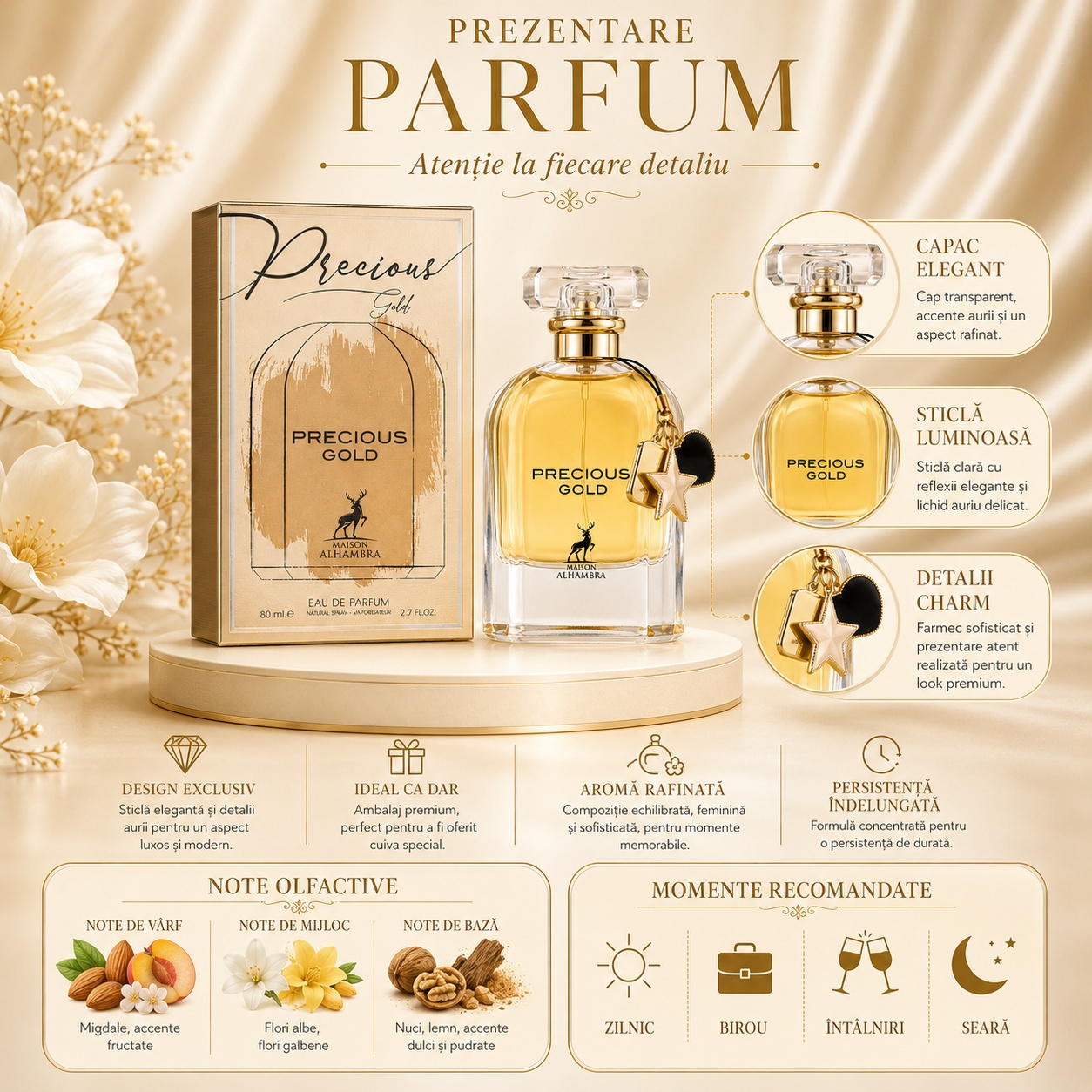 Prezentare parfum Precious Gold Maison Alhambra cu capac elegant, sticlă luminoasă, detalii charm, note olfactive și momente recomandate
