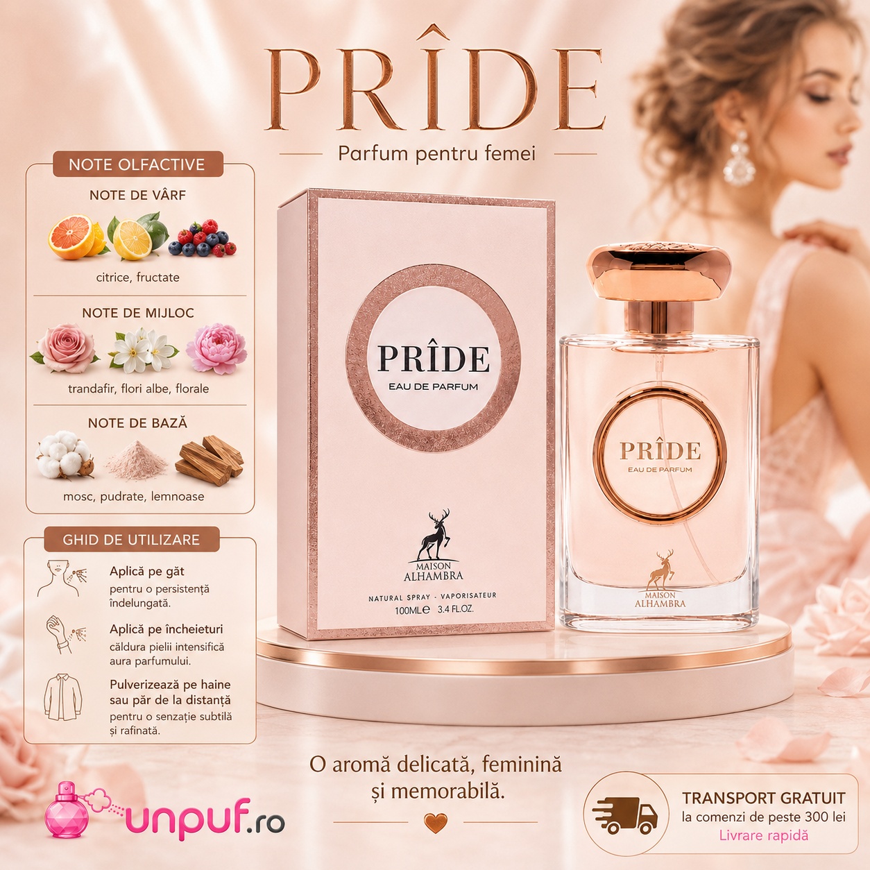 Ghid de utilizare Pride Maison Alhambra parfum cu citrice, fructe, trandafir, flori albe, mosc, note pudrate și lemnoase