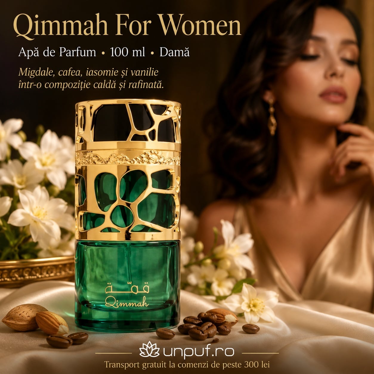 Qimmah For Women Lattafa parfum damă cu migdale cafea iasomie și vanilie &icirc;ntr-o compoziție caldă și rafinată