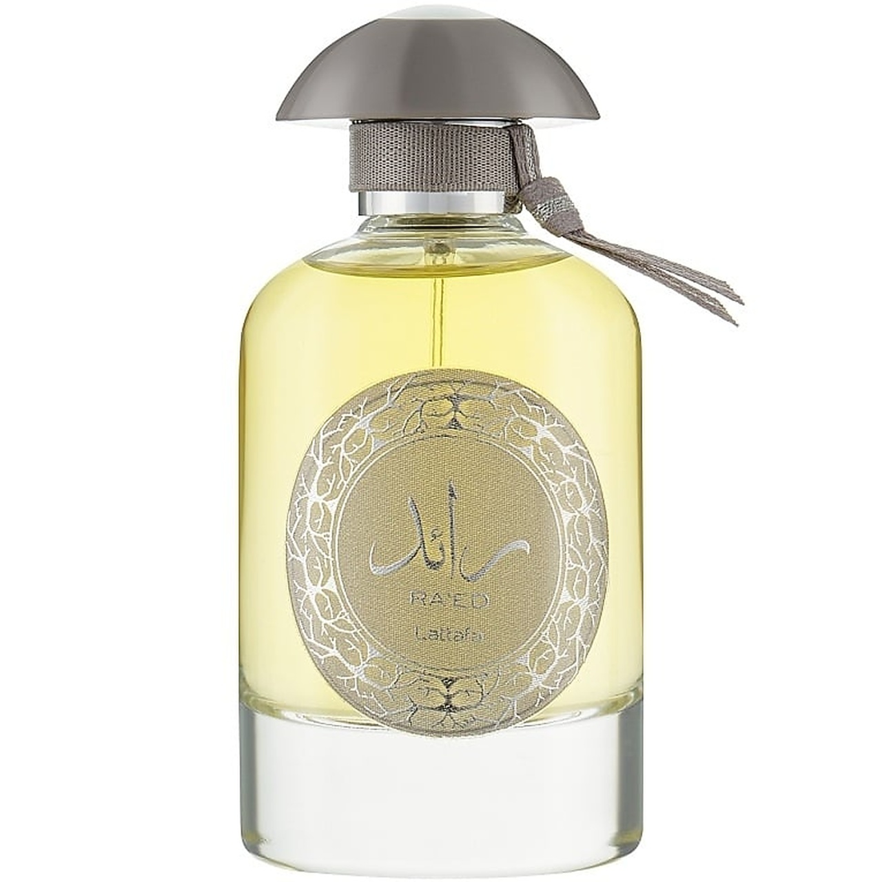 Flacon Ra'Ed Lattafa 100 ml cu lichid auriu pal, capac metalic și medalion decorativ