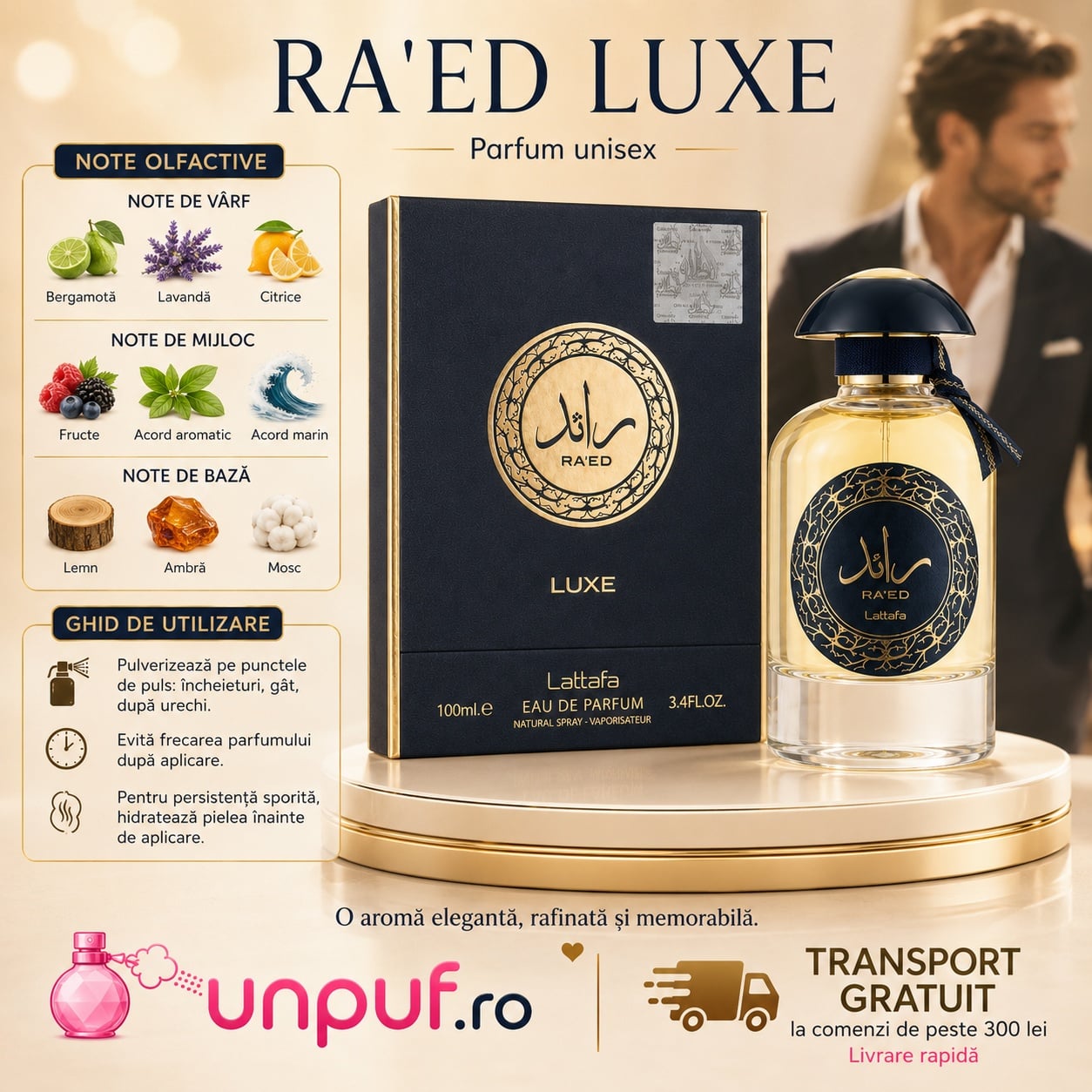 Ghid de utilizare Ra&rsquo;Ed Luxe Gold Lattafa parfum cu bergamotă, lavandă, citrice, fructe, acord aromatic, acord marin, lemn, ambră și mosc