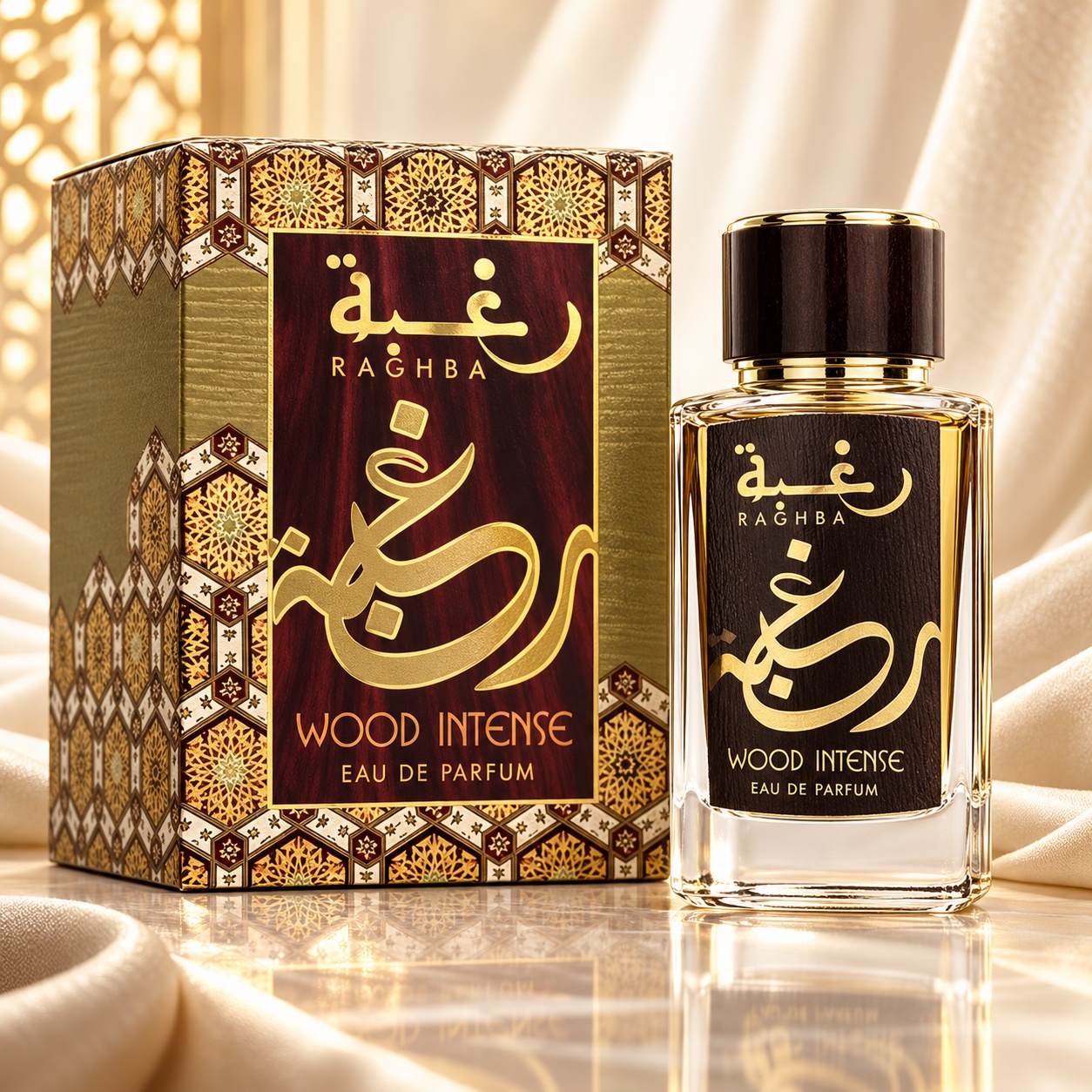 Raghba Wood Intense Lattafa Eau de Parfum 100 ml parfum bărbătesc oriental lemnos cu flacon și cutie premium