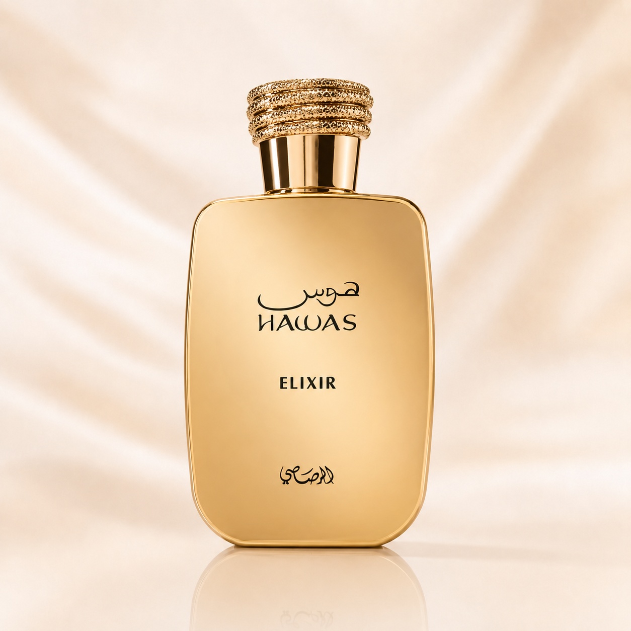 Sticlă parfum Rasasi Hawas Elixir, parfum arabesc bărbătesc cu design auriu elegant
