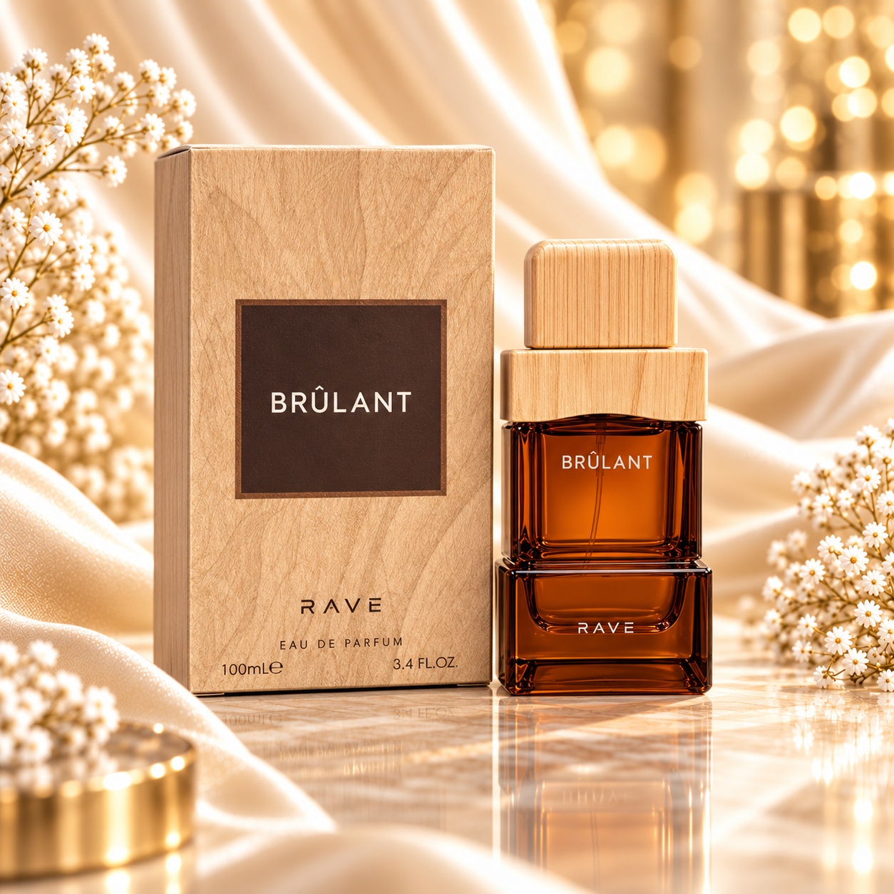 Parfum Rave Brulant 100 ml, flacon ambrat și cutie cu textură de lemn, parfum arabesc original unisex