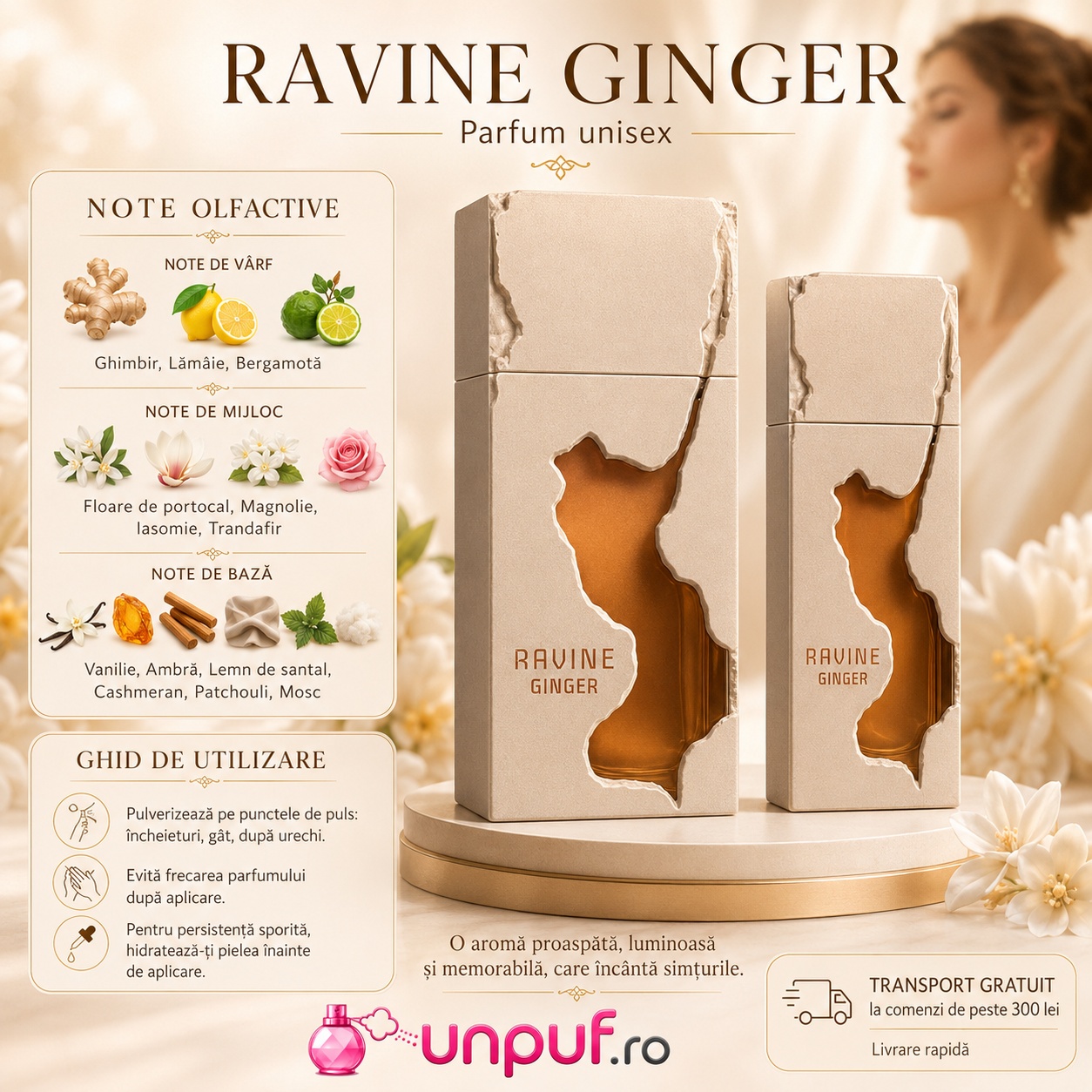 Ghid de utilizare Ravine Ginger French Avenue parfum cu ghimbir, lăm&acirc;ie, bergamotă, floare de portocal, magnolie, iasomie, trandafir, vanilie, ambră, lemn de santal, cashmeran, patchouli și mosc